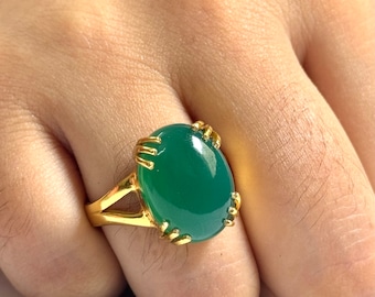 Green Onyx Solitaire Ring - 925 Sterling Silver Ring - Oval Cut Cabochon Ring - Gemstone Statement Ring - Onyx Cocktail Ring-Birthstone Ring