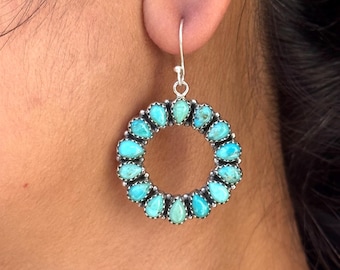 Genuine Turquoise Earrings - 925 Sterling Silver Earring - Pear Cut Cluster Earring - Large Statement Earring - Designer Cluster Earring