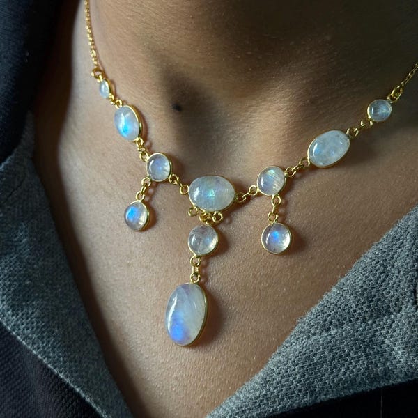 Rainbow Moonstone Statement Necklace - 925 Sterling Silver Necklace - Necklace For Wedding- Moonstone Bezel Set Necklace - Necklace For Gift