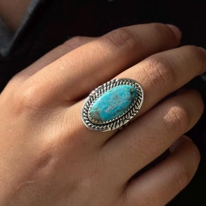 Äkta turkosringar - 925 sterlingsilverringar - Avlånga ovala ringar - Långa turkosringar - Turkos statementring - Gåva