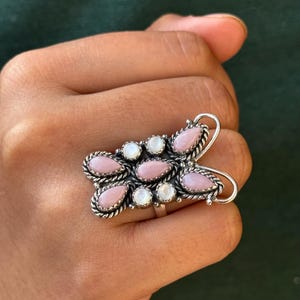 Genuine Pink Opal And Mother Of Pearl Ring - 925 Sterling Silver Ring - Butterfly Statement Ring - Large Cluster Ring - Designer Rings