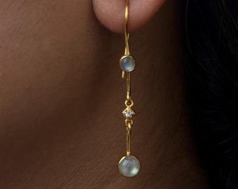 Rainbow Moonstone Dangle Earrings - Sterling Silver Earrings - Simple Statement Earrings - Moonstone Long Earrings - Earrings For Gift