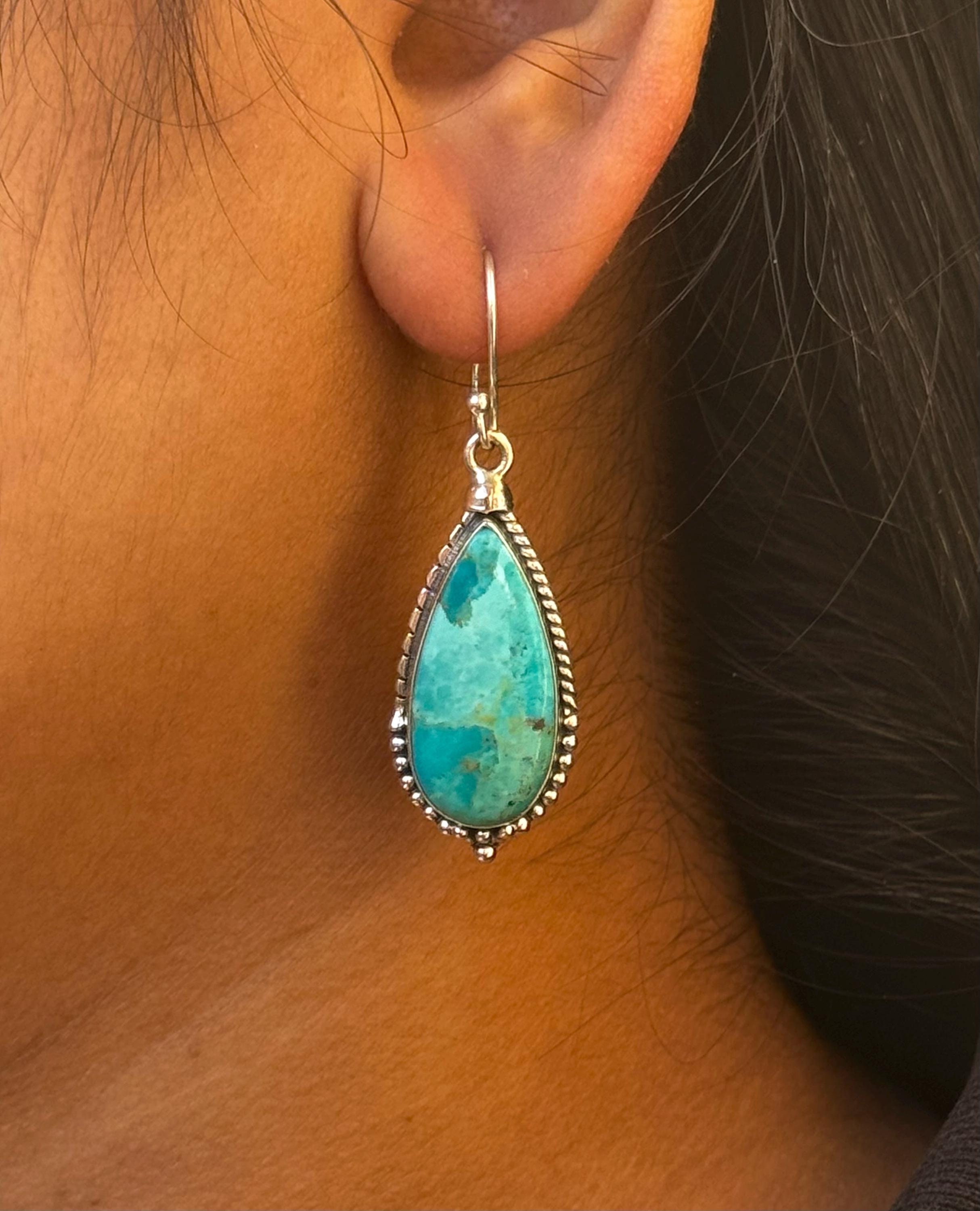 Genuine Turquoise Earring - 925 Sterling Silver Earring - Teardrop Turquoise Elongated Earring-Turquoise Statement Earring- Earring For Gift