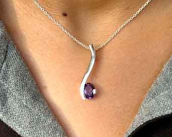 Amethyst Solitaire Pendant - 925 Sterling Silver Pendant - Oval Cut Birthstone Pendant- Choker Minimalist Pendant -Long Design Pendant -Gift
