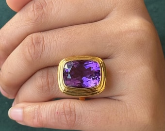 Amethyst Cocktail Ring - 925 Sterling Silver Ring - Elongated Cushion Cut Ring - Large Amethyst Ring - Bezel Set Solitaire Ring -Simple Ring