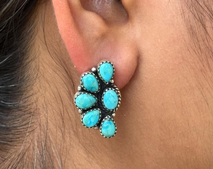 Genuine Turquoise Studs - 925 Sterling Silver Studs - Half Cluster Studs - Pear And Oval Shaped Turquoise Studs - Turquoise Statement Studs