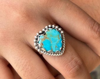 Genuine Turquoise Statement Ring - 925 Sterling Silver Ring - Large Heart Cut Ring - Beaded Textured Ring - Turquoise Cocktail Ring - Gifts