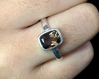 Smoky Quartz Solitaire Rings - 925 Sterling Silver Ring - Cushion Cut Minimalist Ring - Bezel Set Simple Rings - Simple Statement Ring- Gift