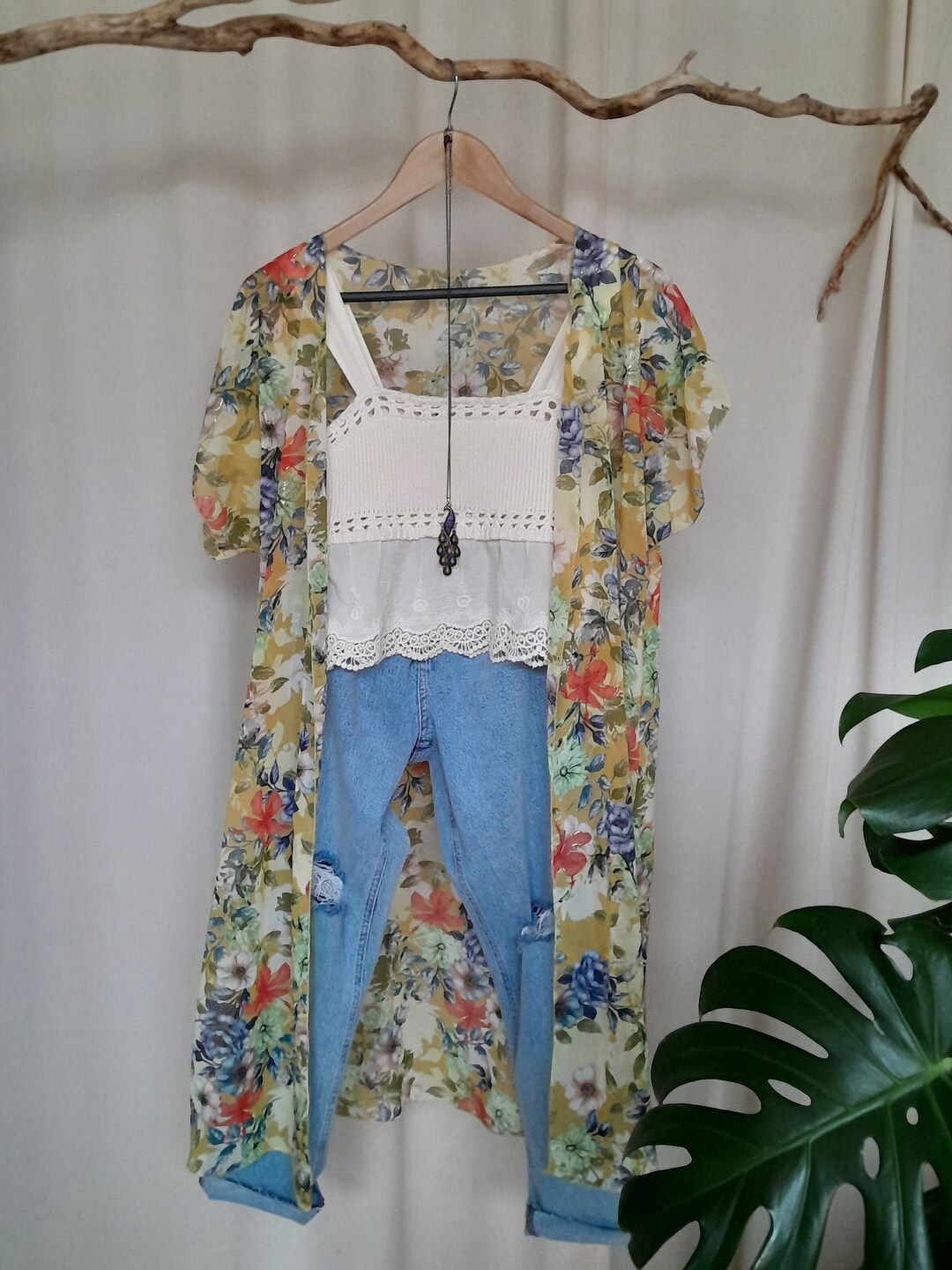 Bali Satin Open Front Kimono Long Kimono with matching scarf - Yellow Watercolor Blend Ships 5/4 main image 0