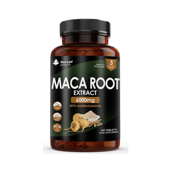 Maca Root 6000mg With Ashwagandha – 100% Peruvian Black Maca Root 180 High Strength Vegan Tablets