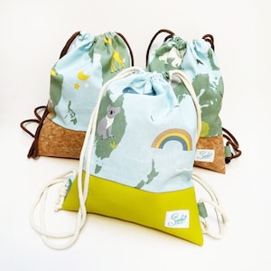Turnbeutel Tasche für Kinder | Gymbag for Kids | Weltkarte Worldmap Atlas Tiere | Stoffmix | Sportbeutel Gymbeutel Rucksack