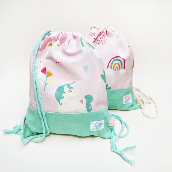 Turnbeutel Tasche für Kinder in rosa und mint | Gymbag for Kids | Einhorn Einhörner & Regenbogen | Stoffmix | Sportbeutel Gymbeutel Rucksack