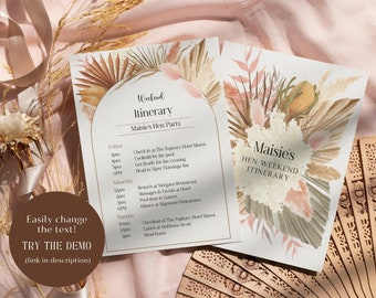 Boho Dried Flowers Bachelorette Party Itinerary Template, Editable Birthday Weekend Invitation, Boho Hen Party Wedding Program Printable