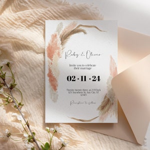 Ensemble de modèles d'invitation de mariage Pampass Grass, invitation de mariage de fleurs séchées modifiables, invitation de mariage moderne, invitation de mariage floral