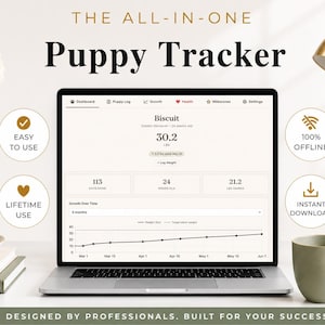 May include: A laptop displays the "Puppy Tracker" interface, showing a puppy's weight at 30.2 lbs. The screen also shows growth over time. The text includes "Easy to Use," "Lifetime Use," "100% Offline," and "Instant Download."