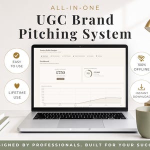 May include: A laptop displaying the All-In-One UGC Brand Pitching System dashboard with financial data. Circular icons indicate features: Easy to Use, Lifetime Use, 100% Offline, and Instant Download. The text reads: Designed by professionals, built for your success.