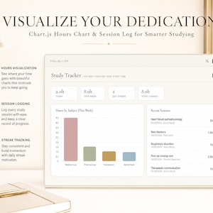 May include: A digital study tracker on a tablet displays a chart and session log. The screen shows study time visualization, session logging, and streak tracking. The text reads "VISUALIZE YOUR DEDICATION" and "Chart.js Hours Chart & Session Log for Smarter Studying."