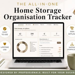 May include: A laptop displaying a home storage organization tracker interface. The screen shows data visualizations and options for managing items, containers, and locations. Text on the screen includes "Easy to Use", "Lifetime Use", "100% Offline", and "Instant Download".