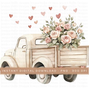 Watercolour valentines truck png clipart, Digital downloads, beige truck with flowers, Truck clipart, Clip art, Valentine Graphics, pngs