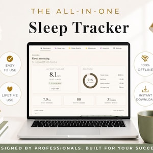 Op de afbeelding: Een laptop met een digitale slaaptracker-interface en de tekst THE ALL-IN-ONE Sleep Tracker. Het scherm toont gegevens waaronder 8,1 uur slaap, een doelstatus van 91% en iconen voor eenvoudig gebruik, levenslang gebruik, 100% offline en directe download.