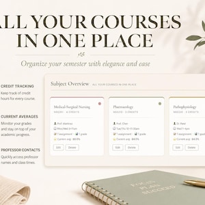 May include: A digital planner interface with the text "ALL YOUR COURSES IN ONE PLACE". The interface displays subject overviews, credit tracking, current averages, and professor contacts. A notebook and pen are in the foreground.