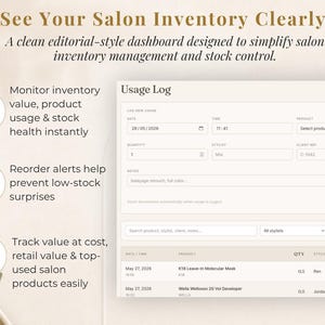 May include: A digital dashboard interface with the text "See Your Salon Inventory Clearly." The interface displays a usage log, inventory tracking, and reorder alerts. The design is clean and editorial-style, designed for salon inventory management.