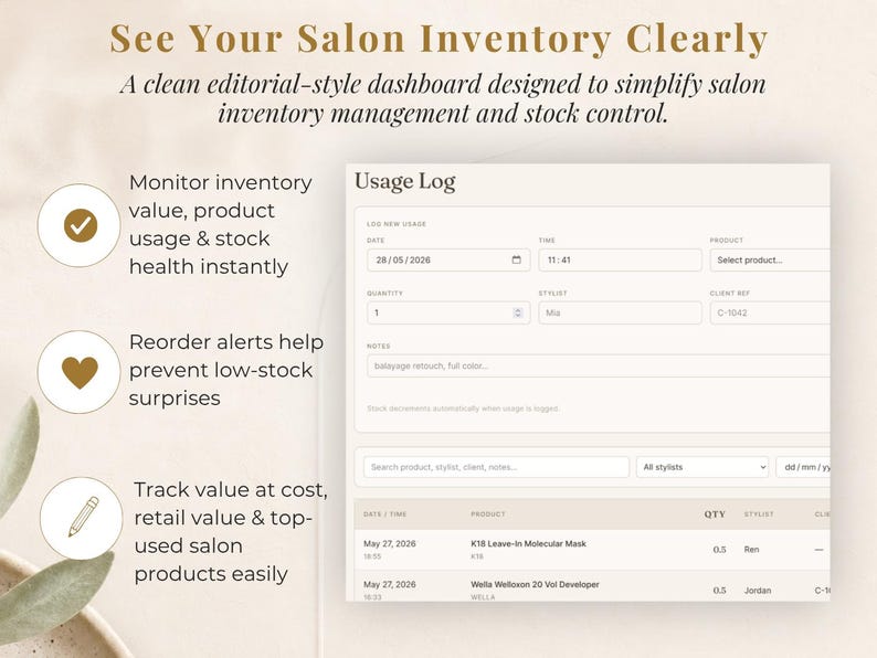 May include: A digital dashboard interface with the text "See Your Salon Inventory Clearly." The interface displays a usage log, inventory tracking, and reorder alerts. The design is clean and editorial-style, designed for salon inventory management.