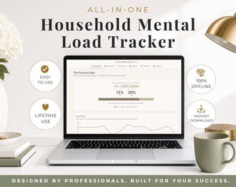 May include: A laptop displaying an All-In-One Household Mental Load Tracker dashboard with a Fairness Split progress bar showing 74% and 26%. The screen includes text labels for Easy To Use, 100% Offline, Lifetime Use, and Instant Download.