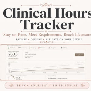 May include: A digital Clinical Hours Tracker interface with the text "Clinical Hours Tracker". The interface displays data, including hours logged and requirements. The text "Stay on Pace. Meet Requirements. Reach Licensure." is also visible.