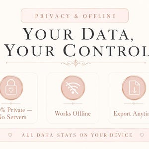 May include: A digital graphic with the text "YOUR DATA, YOUR CONTROL" in a decorative font. Below are three icons: a lock, a wifi symbol, and a document with a downward arrow. Text below the icons reads "100% Private - No Servers", "Works Offline", and "Export Anytime".