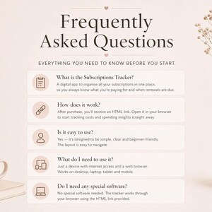 May include: A soft beige background features the text "Frequently Asked Questions" above a list of questions and answers. A beige mug sits on a stack of books, and a vase with dried flowers is on the right.