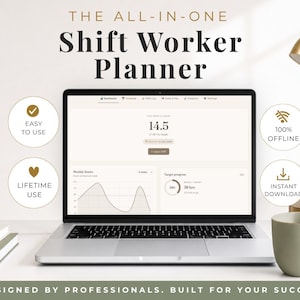 May include: A laptop screen displays The All-In-One Shift Worker Planner dashboard with shift logs, weekly hours, and target progress. Four circular icons indicate features: Easy to Use, Lifetime Use, 100% Offline, and Instant Download.