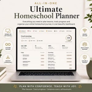 May include: A laptop displaying the All-in-One Ultimate Homeschool Planner dashboard. The screen shows lesson plans, progress tracking, and student profiles. Surrounding icons highlight features like lifetime access, offline use, and multi-child support.