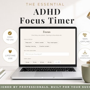May include: A laptop screen displaying a digital ADHD Focus Timer interface with options for deep work, admin, reading, and creative projects. The screen includes text fields for custom tasks and duration settings, alongside icons for offline and instant use.