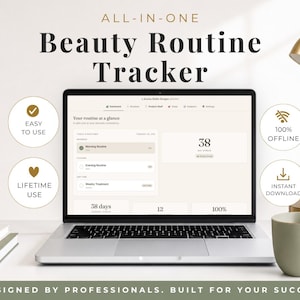 May include: A laptop displaying an All-In-One Beauty Routine Tracker interface with sections for morning and evening routines, a 38-day streak counter, and icons indicating easy to use, lifetime use, 100% offline, and instant download features.
