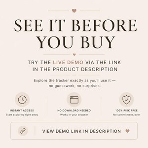 May include: Cream-colored graphic with the text "SEE IT BEFORE YOU BUY". It also includes the text "TRY THE LIVE DEMO VIA THE LINK IN THE PRODUCT DESCRIPTION" and icons for instant access, no download needed, and 100% risk-free.