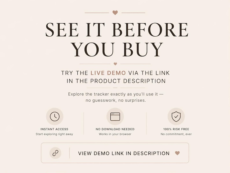 May include: Cream-colored graphic with the text "SEE IT BEFORE YOU BUY". It also includes the text "TRY THE LIVE DEMO VIA THE LINK IN THE PRODUCT DESCRIPTION" and icons for instant access, no download needed, and 100% risk-free.