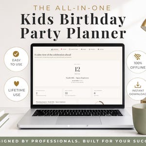 Op de afbeelding: Een digitale verjaardagsplanner voor kinderen op een laptopscherm. De interface toont planningsstatistieken, aftellingen en evenementdetails. Rondom het scherm staan vier ronde iconen met de teksten Easy to Use, Lifetime Use, 100% Offline en Instant Download.