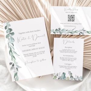 Eucalyptus Green Wedding Invitation Template Set, Editable Greenary Wedding Invite, Modern Wedding Invite, RSVP with QR code, Details card