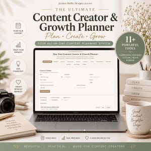 May include: A digital content creator and growth planner displayed on a laptop screen, featuring a content calendar interface with tabs for analytics and goals. The surrounding area includes a notebook, a mug with text, and a stack of books.
