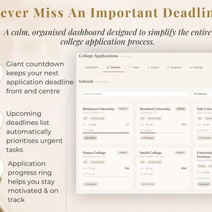 Puede incluir: Panel digital para solicitudes universitarias, con un dise&ntilde;o limpio y organizado. La interfaz muestra nombres de escuelas, plazos y estados de solicitud. El texto dice "Never Miss An Important Deadline" y "A calm, organised dashboard designed to simplify the entire college application process."
