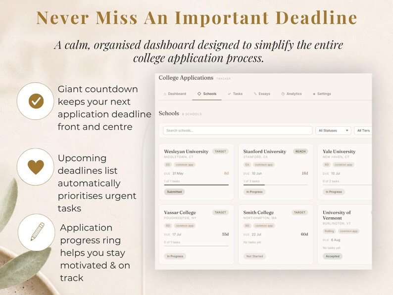 Puede incluir: Panel digital para solicitudes universitarias, con un dise&ntilde;o limpio y organizado. La interfaz muestra nombres de escuelas, plazos y estados de solicitud. El texto dice "Never Miss An Important Deadline" y "A calm, organised dashboard designed to simplify the entire college application process."