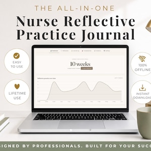 Könnte beinhalten: Ein Laptop-Bildschirm zeigt das Nurse Reflective Practice Journal mit einem 10-Wochen-Fortschrittsdiagramm. Der Text umfasst THE ALL-IN-ONE Nurse Reflective Practice Journal, EASY TO USE, 100% OFFLINE, LIFETIME USE, INSTANT DOWNLOAD und DESIGNED BY PROFESSIONALS.
