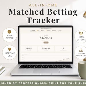 May include: A laptop displaying an All-In-One Matched Betting Tracker interface with a total profit of £2,064.44. The screen shows dashboard metrics, while circular icons highlight features: Easy to Use, 100% Offline, Lifetime Use, and Instant Download.