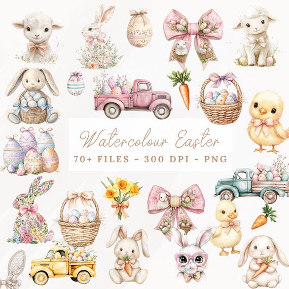 Happy Easter PNG 70+ Easter bundle png, Watercolour Easter Bunny bundle, Plush Easter Png, Beige neutral Easter Rabbit Png, Easter Coquette