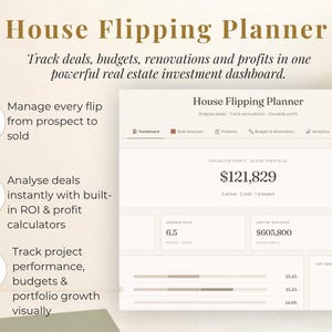 Puede incluir: Interfaz digital de un planificador de renovaci&oacute;n de viviendas con el t&iacute;tulo en la parte superior. La interfaz muestra datos financieros, incluyendo un beneficio proyectado de 112.000 &euro;. El planificador ayuda a rastrear tratos, presupuestos y beneficios.