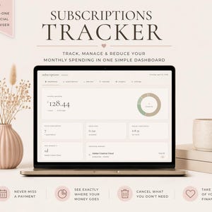 May include: A laptop displays a financial dashboard with the text "SUBSCRIPTIONS TRACKER." A vase with dried flowers and a mug sit beside the laptop. The screen shows a monthly spending summary. The image includes the text "ALL-IN-ONE FINANCIAL ORGANISER."