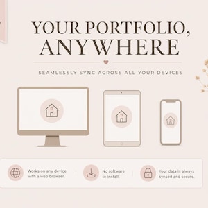 Peut inclure: Graphique beige pour un outil de suivi de biens locatifs. Le texte indique &laquo;&nbsp;VOTRE PORTEFEUILLE, PARTOUT&nbsp;&raquo; et &laquo;&nbsp;SYNCHRONISEZ FACILEMENT SUR TOUS VOS APPAREILS&nbsp;&raquo;. Il pr&eacute;sente un ordinateur de bureau, une tablette et un smartphone, chacun avec une ic&ocirc;ne de maison. Un vase avec des fleurs s&eacute;ch&eacute;es est &agrave; droite.