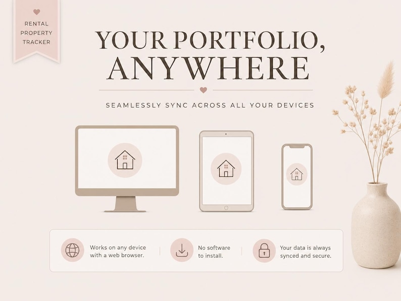Peut inclure: Graphique beige pour un outil de suivi de biens locatifs. Le texte indique &laquo;&nbsp;VOTRE PORTEFEUILLE, PARTOUT&nbsp;&raquo; et &laquo;&nbsp;SYNCHRONISEZ FACILEMENT SUR TOUS VOS APPAREILS&nbsp;&raquo;. Il pr&eacute;sente un ordinateur de bureau, une tablette et un smartphone, chacun avec une ic&ocirc;ne de maison. Un vase avec des fleurs s&eacute;ch&eacute;es est &agrave; droite.