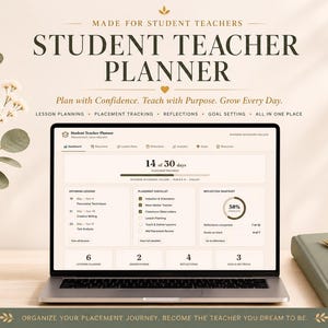May include: A laptop displaying a "Student Teacher Planner" interface, with text reading "Plan with Confidence. Teach with Purpose. Grow Every Day." A notebook and pen are on the right. A vase of flowers is on the left.